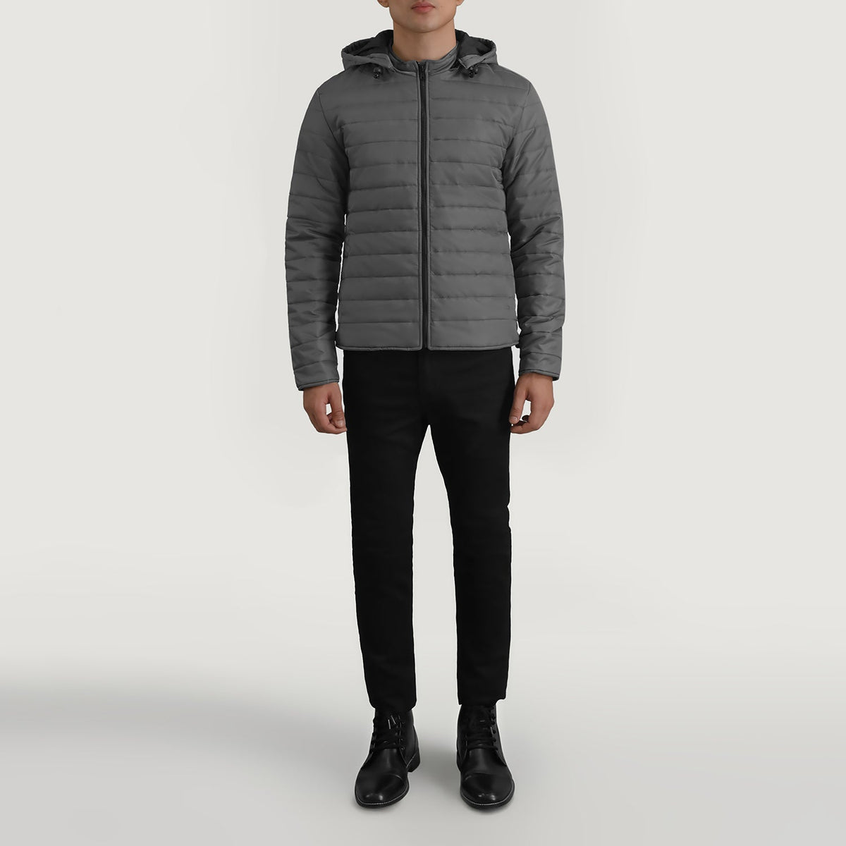 Tyler Grey Hooded Puffer 真皮夹克 男士 - Lateral Side Profile View Showing Sleeve Cut &amp; Athletic Taper Fit