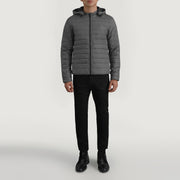Tyler Grey Hooded Puffer 真皮夹克 男士 - Lateral Side Profile View Showing Sleeve Cut &amp; Athletic Taper Fit