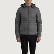 Close-Up Detail of Classic Collar &amp; Zipper Hardware on Tyler Grey Hooded Puffer 真皮夹克 男士