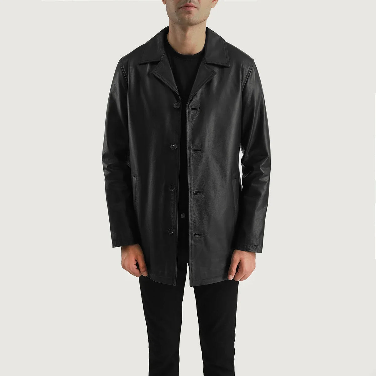 Black Cowhide (Lt-071) leather Coat - Back View Showing Tailored Shoulder Fit & Clean Hemline