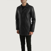 Close-Up Detail of Notch & Button Hardware on Men's Urban Slate Black Leather Coat
