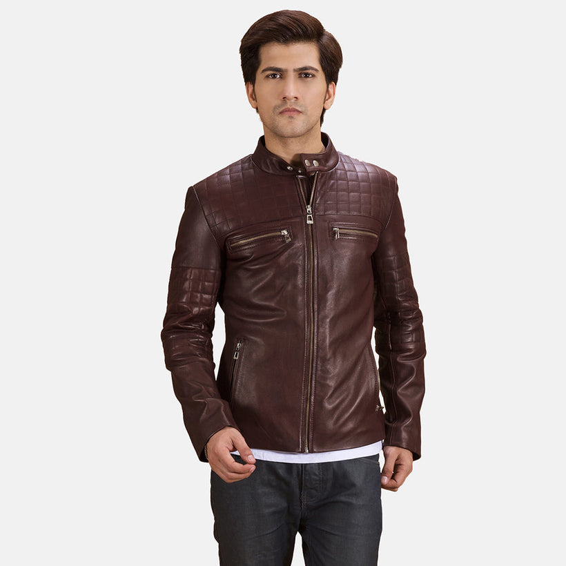 Urbane Quilted Maroon 真皮机车夹克 男士
