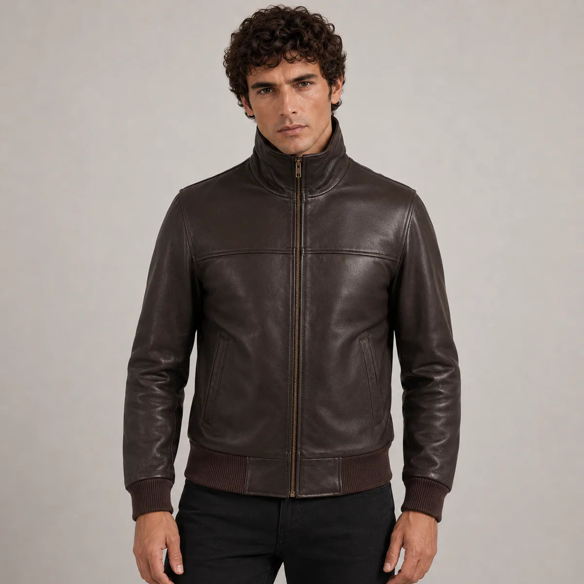 Dark 棕色 Sheepskin 真皮飞行员夹克 男士 in Dark Brown Authentic Sheepskin &amp;Amp; Shearling - Front Profile View &amp; Tailored Silhouette | Buy Online