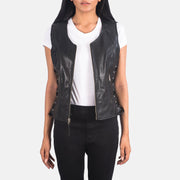 Women's Vanda 黑色 Leather Biker Vest 女士 in Black Goatskin Leather - Front Profile View &amp; Tailored Silhouette | Buy Online