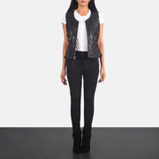 Women's Vanda 黑色 Leather Biker Vest 女士 - Lateral Side Profile View Showing Sleeve Cut &amp; Athletic Taper Fit