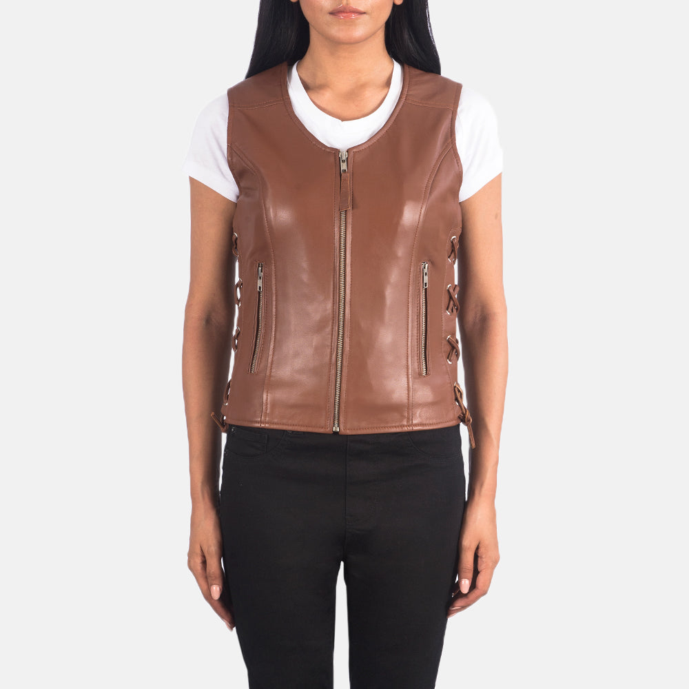 
Vanda 复古棕 Leather Biker Vest 女士 in Brown Sheepskin Leather - 正面版型与定制立体剪裁轮廓 | 官方商城选购