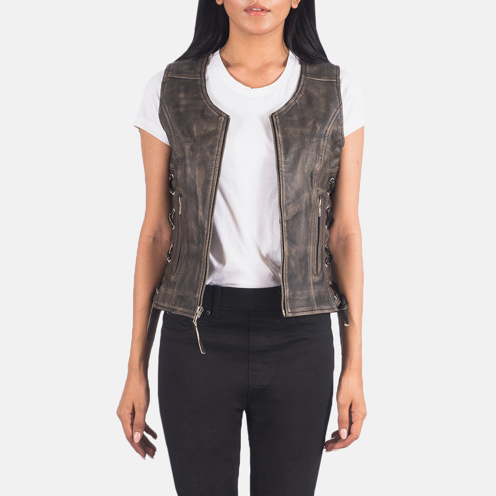 Vanda Distressed 棕色 Leather Biker Vest 女士 in Distressed Brown Goatskin Leather - 正面细节与立体剪裁修身版型 | 官方线上选购