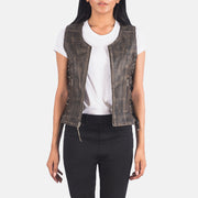 Vanda Distressed 棕色 Leather Biker Vest 女士 in Distressed Brown Goatskin Leather - 正面细节与立体剪裁修身版型 | 官方线上选购