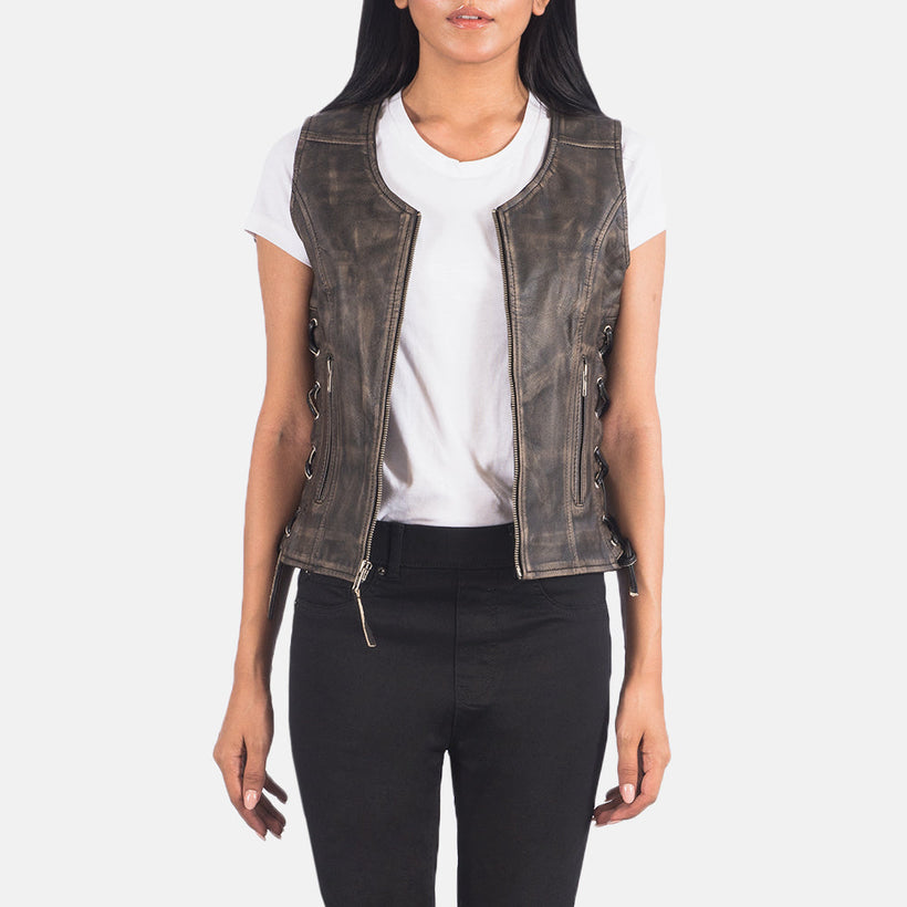 Vanda Distressed 棕色 Leather Biker Vest 女士