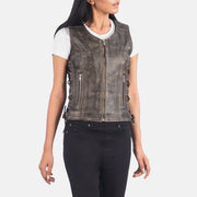 Distressed Brown Goatskin Leather Biker Jacket - 展示肩部贴合剪裁与利落下摆的背面细节