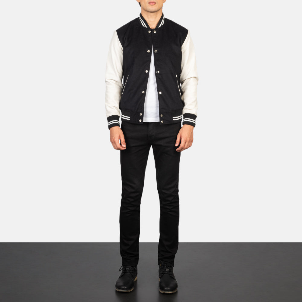 Men's Vaxton 黑色 &amp; White Hybrid Varsity 真皮夹克 男士 - Lateral Side Profile View Showing Sleeve Cut &amp; Athletic Taper Fit