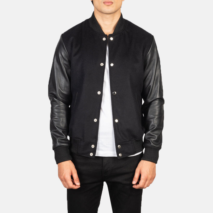 Vaxton 黑色 Hybrid Varsity 真皮夹克 男士