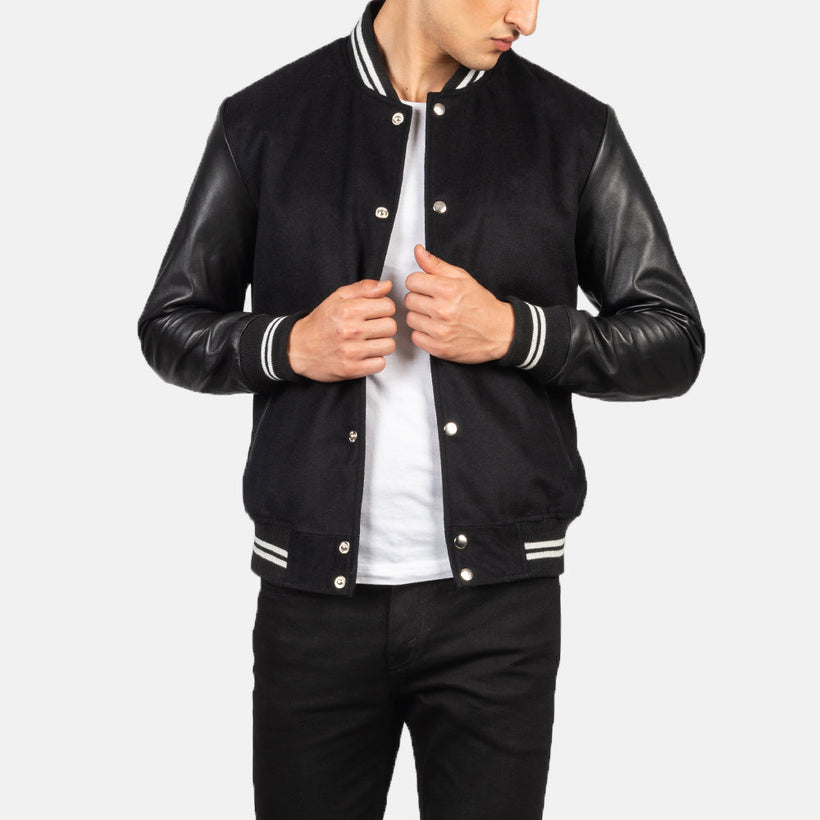 Vaxton 黑色 Striped Hybrid Varsity 真皮夹克 男士