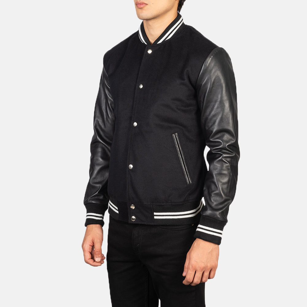 Black Sheepskin Leather Varsity Jacket - Back View Showing Tailored Shoulder Fit &amp; Clean Hemline
