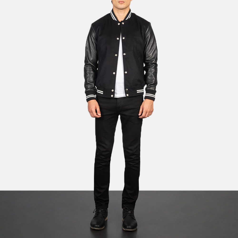 Men's Vaxton 黑色 Striped Hybrid Varsity 真皮夹克 男士 - Lateral Side Profile View Showing Sleeve Cut &amp; Athletic Taper Fit