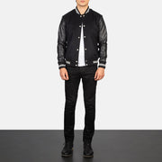 Men's Vaxton 黑色 Striped Hybrid Varsity 真皮夹克 男士 - Lateral Side Profile View Showing Sleeve Cut &amp; Athletic Taper Fit