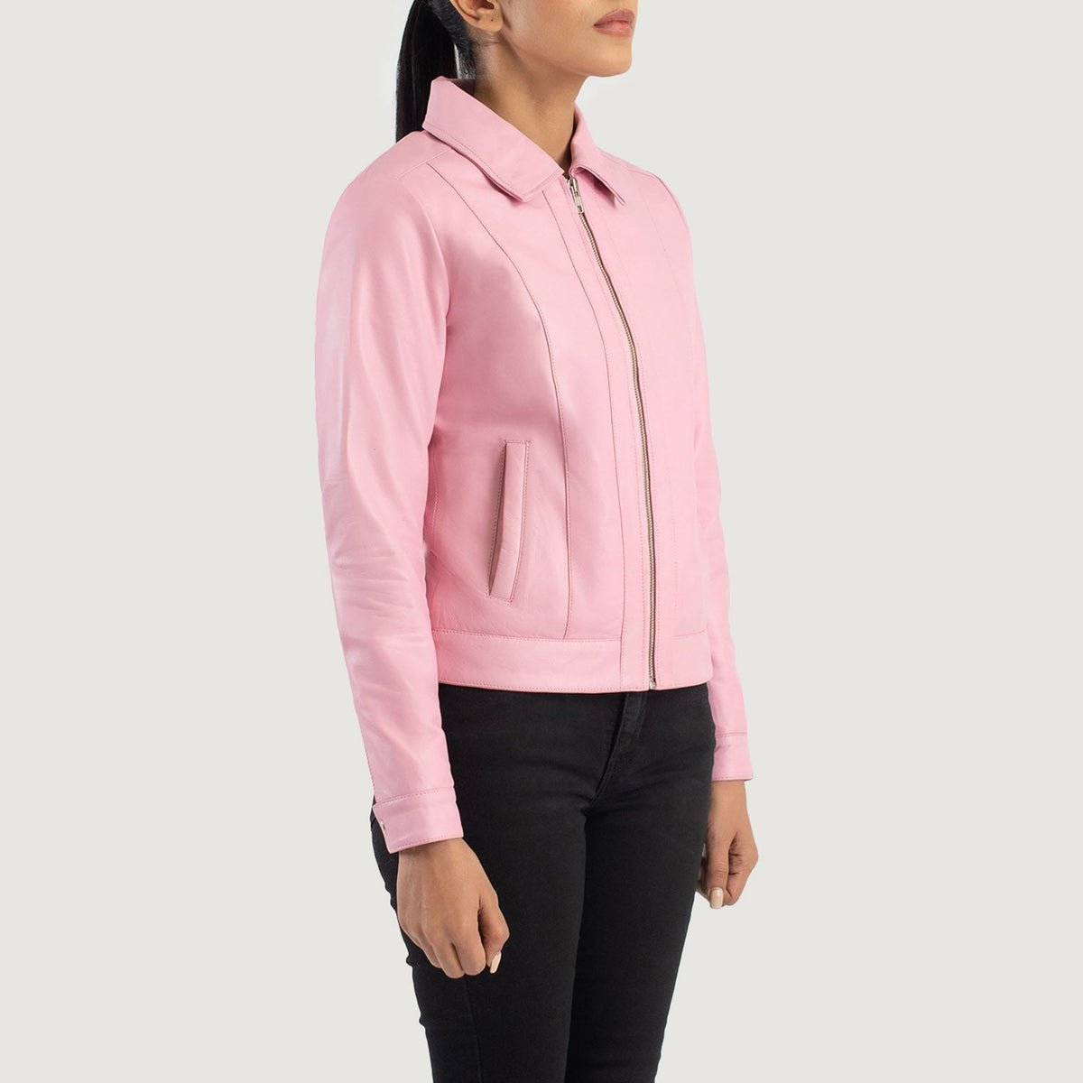 Pink Sheepskin Leather Biker Jacket - Back View Showing Tailored Shoulder Fit &amp; Clean Hemline