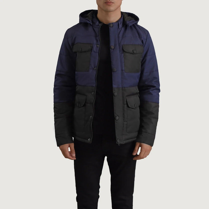 Wayne 经典黑 & 深海蓝 Hooded Puffer 真皮夹克 男士