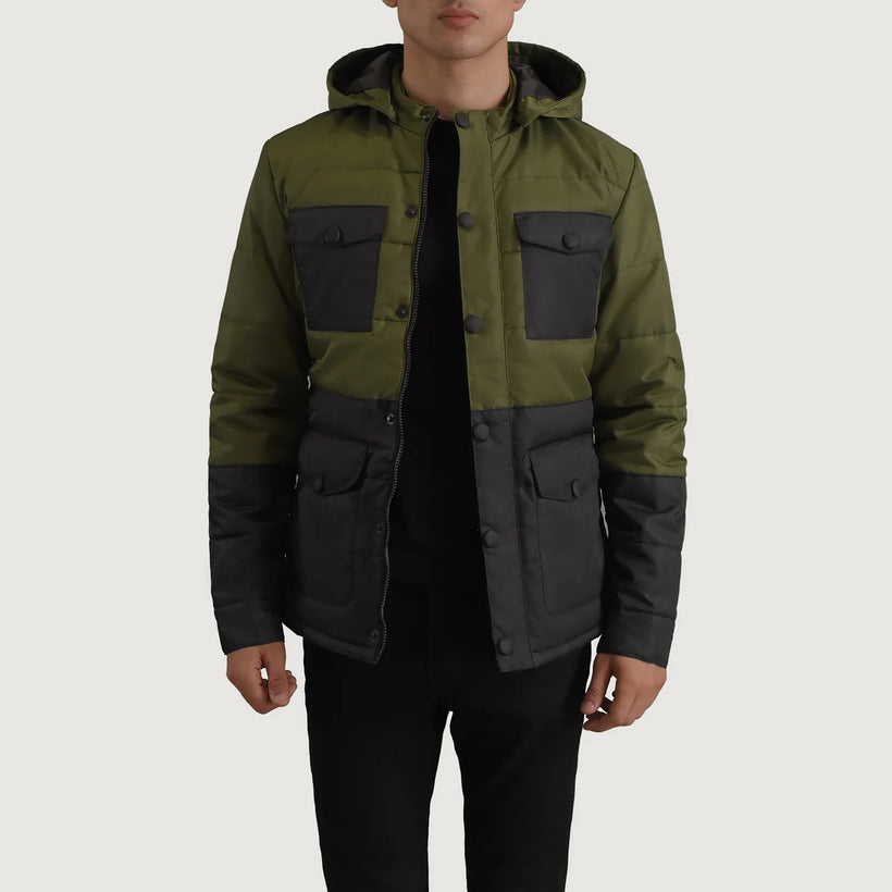 Wayne 经典黑 & 墨绿色 Hooded Puffer 真皮夹克 男士