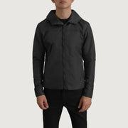 
细节特写 of Classic Collar & Zipper With Inside Wind Flap. Hardware on Wesley 经典黑 Hooded Windbreaker 真皮夹克 男士