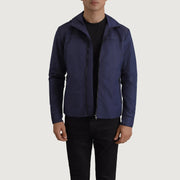 
Wesley 深海蓝 Hooded Windbreaker 真皮夹克 男士 in Blue Full-Grain Leather - 正面版型与定制立体剪裁轮廓 | 官方商城选购