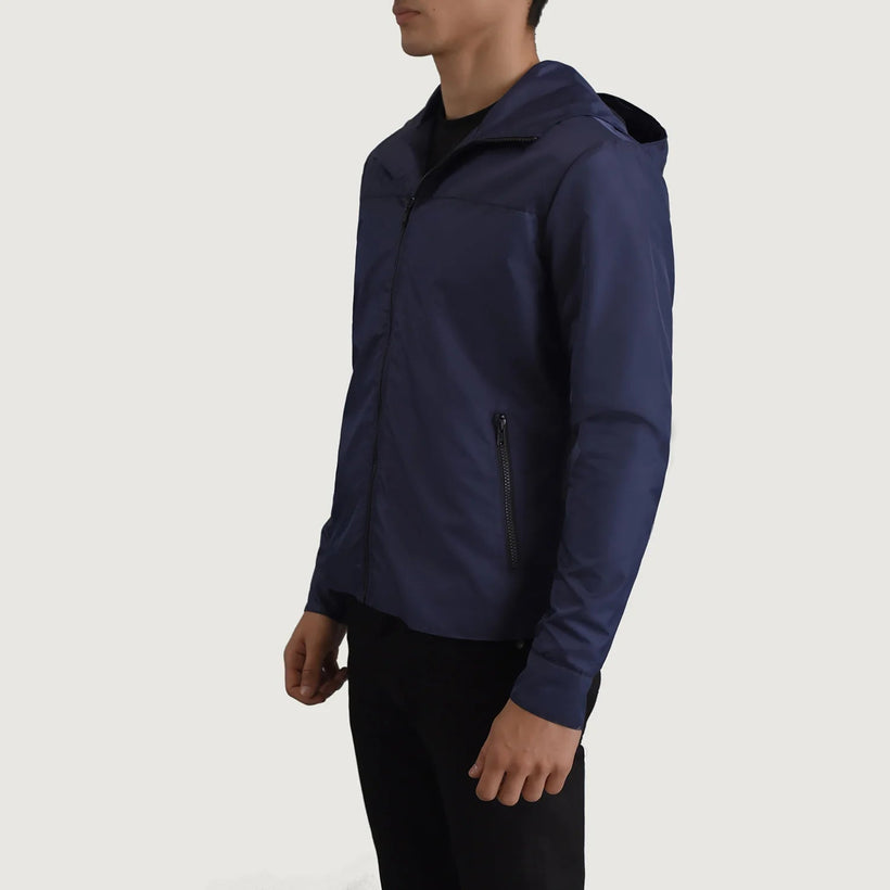Wesley 深海蓝 Hooded Windbreaker 真皮夹克 男士