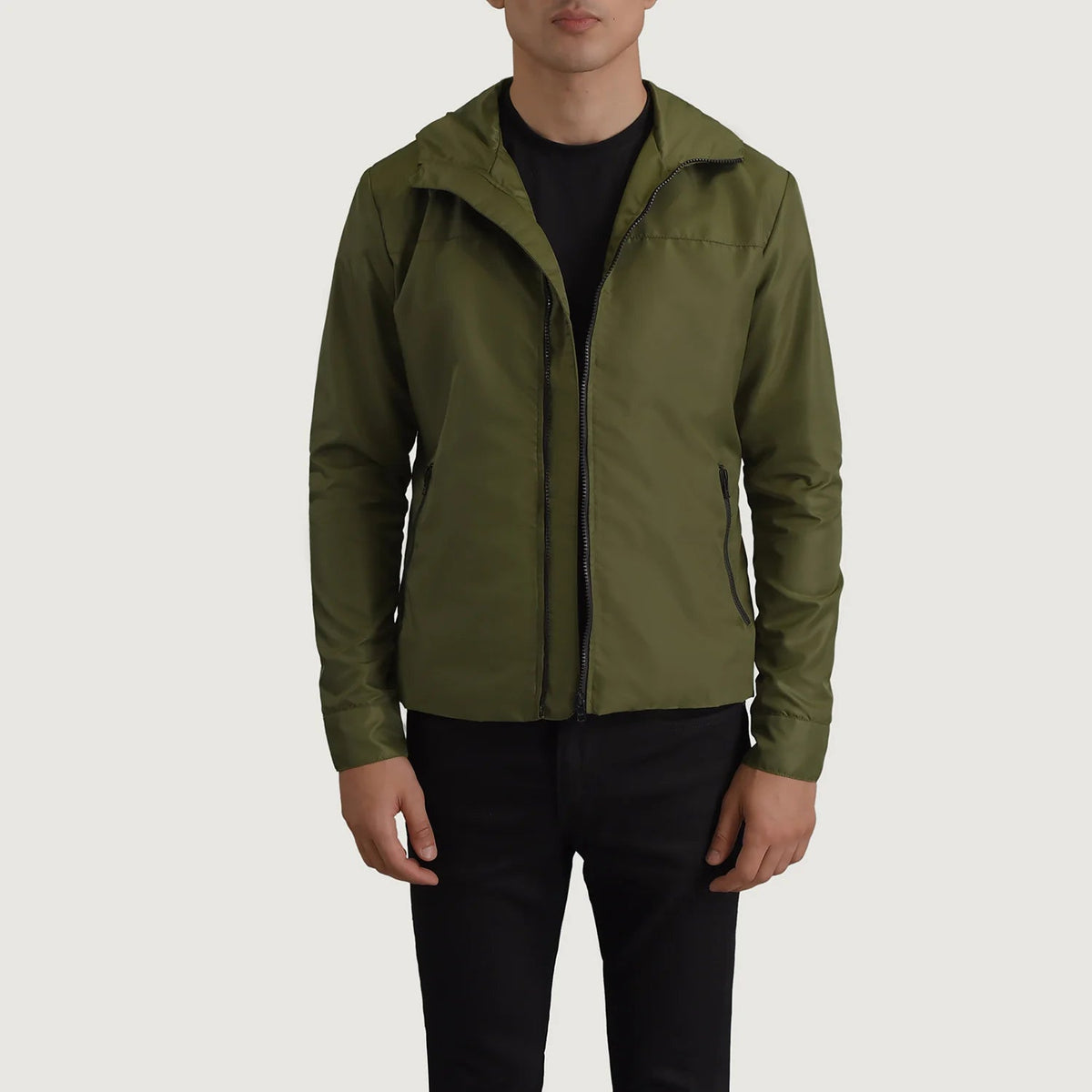 
Wesley 墨绿色 Hooded Windbreaker 真皮夹克 男士 in Green Full-Grain Leather - 正面版型与定制立体剪裁轮廓 | 官方商城选购