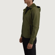 
Green Full-Grain Leather Hooded Jacket - 展现肩线贴合与利落下摆的背部视角