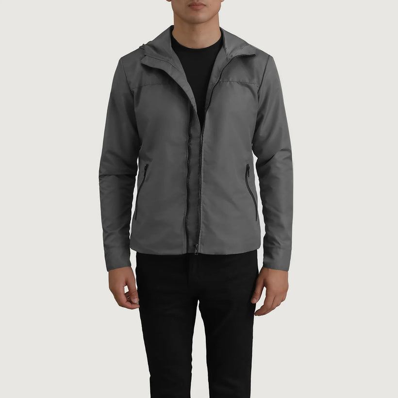 Wesley Grey Hooded Windbreaker 真皮夹克 男士