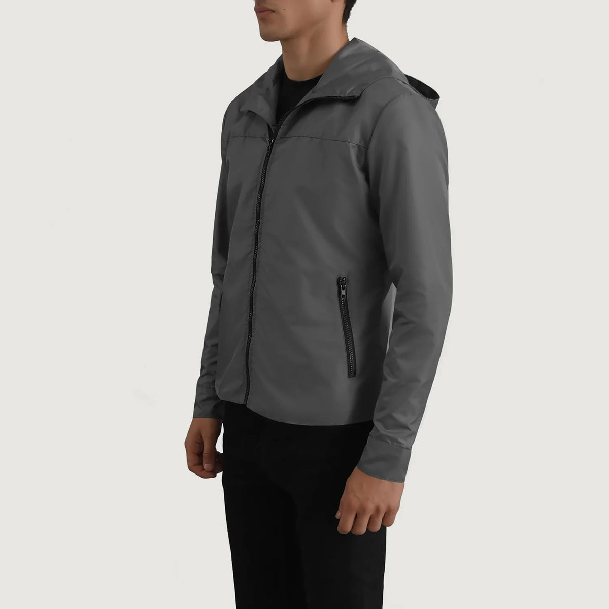 
Grey Full-Grain Leather Hooded Jacket - 展现肩线贴合与利落下摆的背部视角