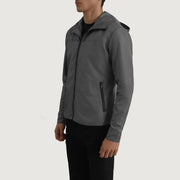 
Grey Full-Grain Leather Hooded Jacket - 展现肩线贴合与利落下摆的背部视角