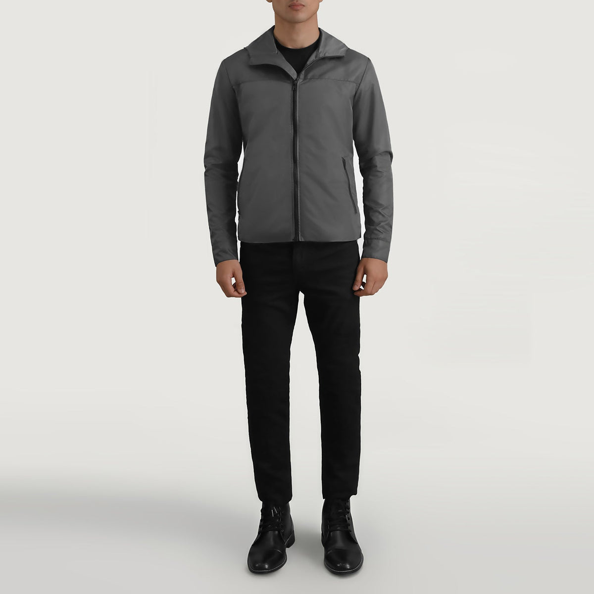 
Wesley Grey Hooded Windbreaker 真皮夹克 男士 - 展现立体袖型与合身版型的侧身视角