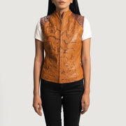 Women's Westina Tan Dye Leather Vest in Tan Brown Sheepskin Dip &Amp; Dye - Front Profile View & Tailored Silhouette | Buy Online