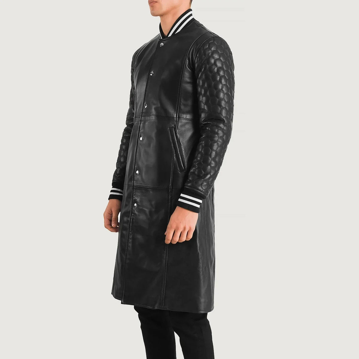 Black Sheepskin Leather Varsity Jacket - Back View Showing Tailored Shoulder Fit &amp; Clean Hemline