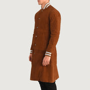 Tan Bown Goatskin Suede Varsity Jacket - Back View Showing Tailored Shoulder Fit &amp; Clean Hemline