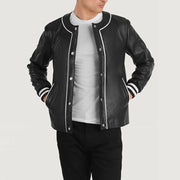 Willis Black Leather Varsity Jacket in Black Sheepskin Leather - Front Profile View &amp; Tailored Silhouette | Buy Online