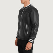 Black Sheepskin Leather Varsity Jacket - Back View Showing Tailored Shoulder Fit &amp; Clean Hemline