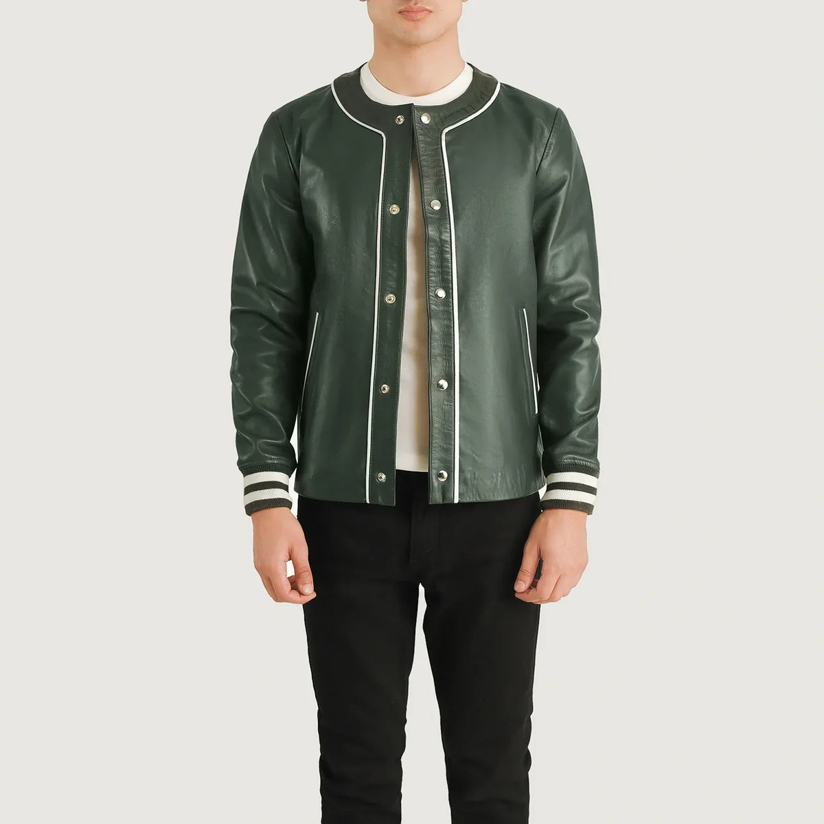 Rib Knit &amp; Hem Craftsmanship Construction Detail on Willis Black Leather Varsity Jacket