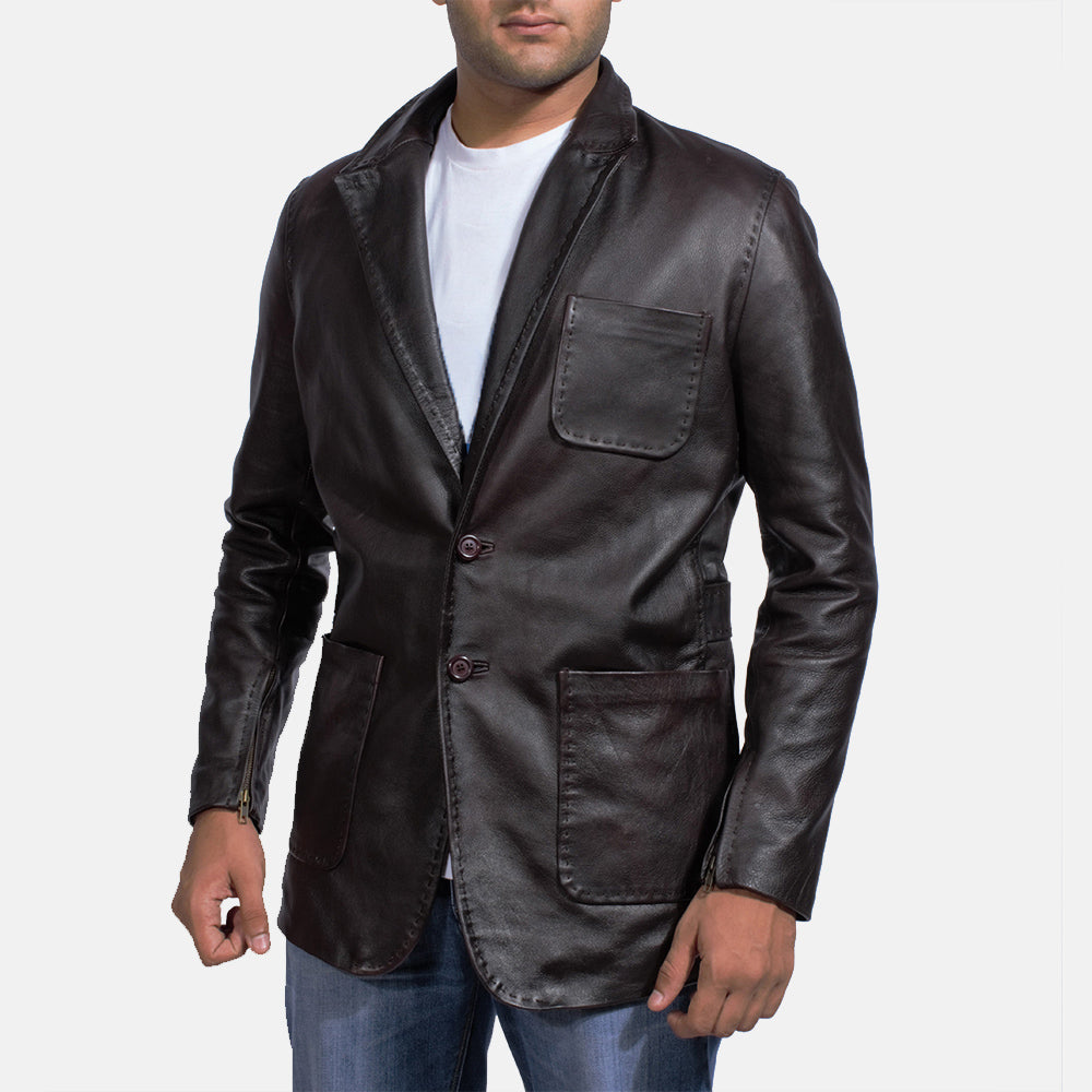 Men's Wine 黑色 真皮西装外套 男士 in Dark Brown Cow Hide Leather - Front Profile View &amp; Tailored Silhouette | Buy Online