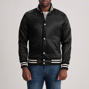 Xander 黑色 Varsity 真皮夹克 男士 in Black Satin - Front Profile View &amp; Tailored Silhouette | Buy Online