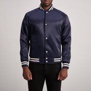 Xander Blue Varsity 真皮夹克 男士 in Blue Satin - Front Profile View &amp; Tailored Silhouette | Buy Online