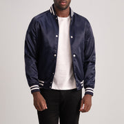 Xander Blue Varsity 真皮夹克 男士 - Lateral Side Profile View Showing Sleeve Cut &amp; Athletic Taper Fit