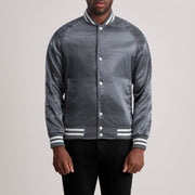 Xander Grey Varsity 真皮夹克 男士 in Grey Satin - Front Profile View &amp; Tailored Silhouette | Buy Online