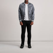 Close-Up Detail of Varsity &amp; Button Hardware on Xander Grey Varsity 真皮夹克 男士