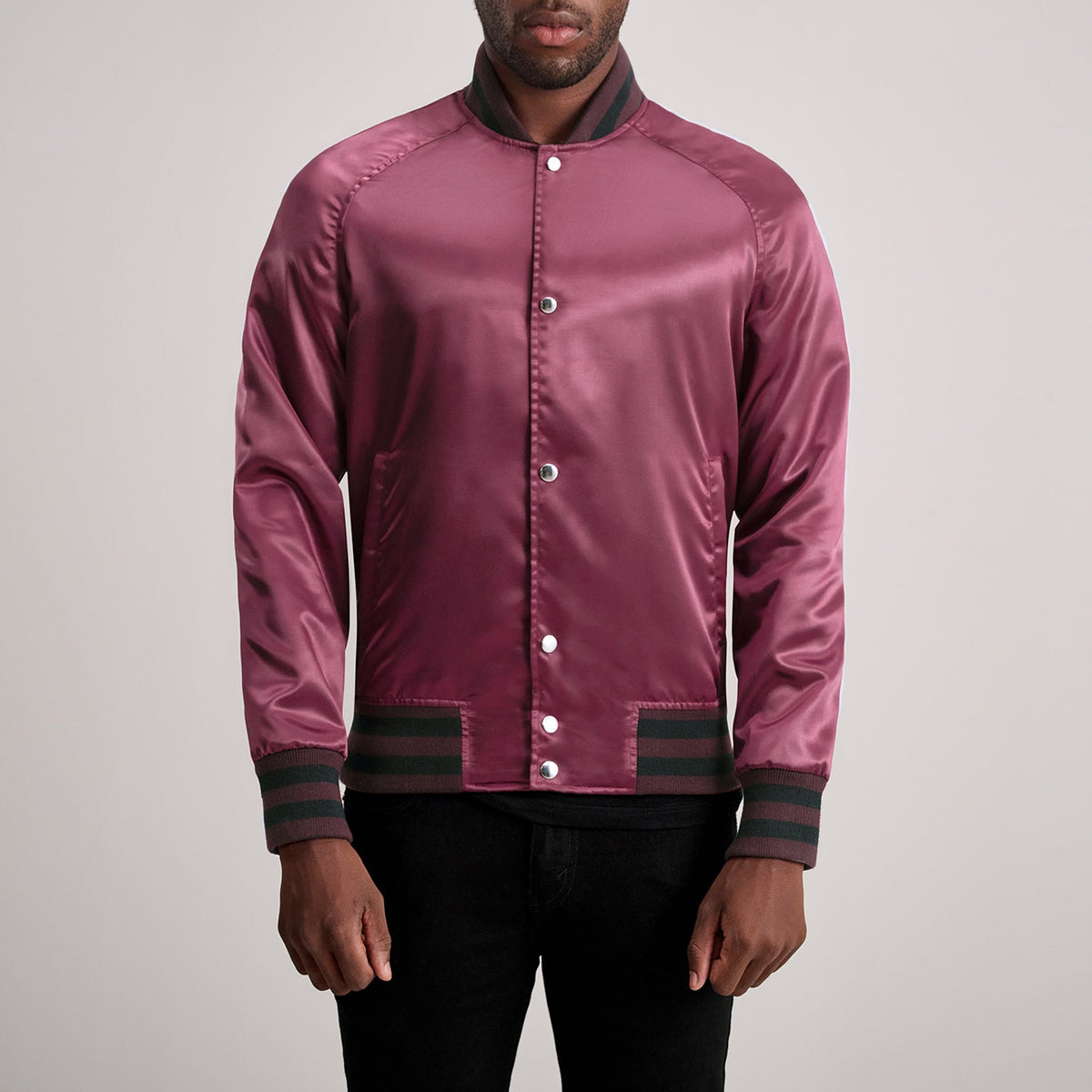 Xander Maroon Varsity 真皮夹克 男士 in Maroon Satin - Front Profile View &amp; Tailored Silhouette | Buy Online