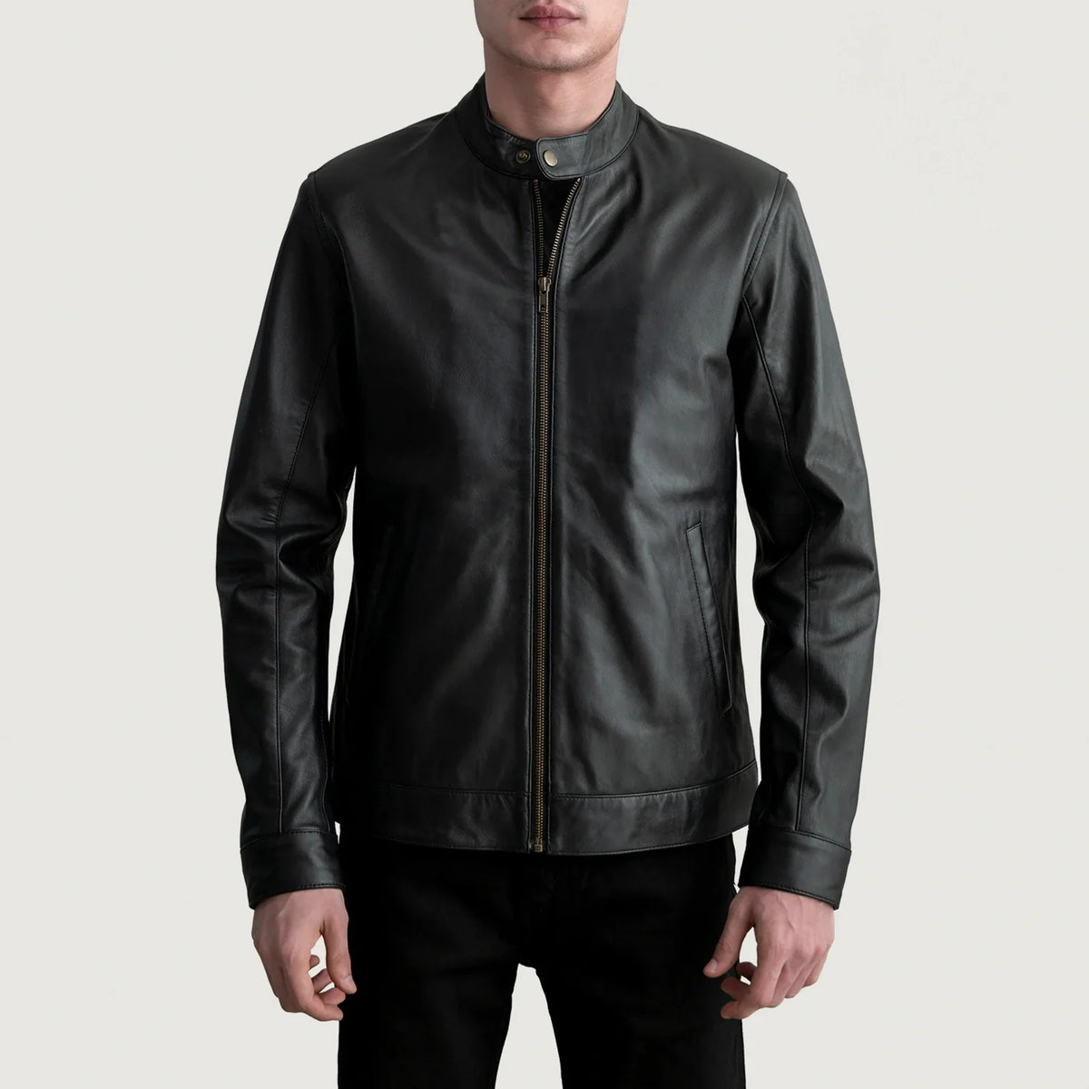Zen 黑色 真皮机车夹克 男士 in Black Sheepskin Leather - Front Profile View &amp; Tailored Silhouette | Buy Online