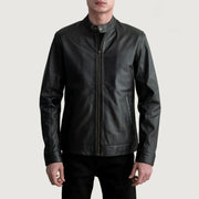 Zen 黑色 真皮机车夹克 男士 in Black Sheepskin Leather - Front Profile View &amp; Tailored Silhouette | Buy Online