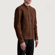 Brown Goatskin Suede Biker Jacket - Back View Showing Tailored Shoulder Fit & Clean Hemline