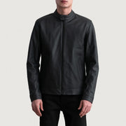 Zen Matte 黑色 真皮机车夹克 男士 - Lateral Side Profile View Showing Sleeve Cut &amp; Athletic Taper Fit