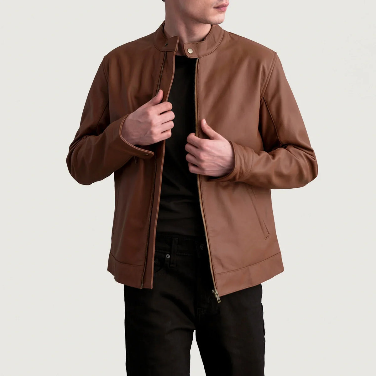 Zen Matte 棕色 真皮机车夹克 男士 in Matte Brown Cowhide Leather - Front Profile View &amp; Tailored Silhouette | Buy Online